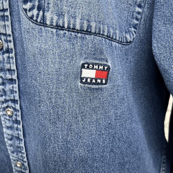 Tommy Hilfiger Blue Denim Long Sleeve Shirt Jean Distressed Faded Vintage 90s - Picture 5 of 14